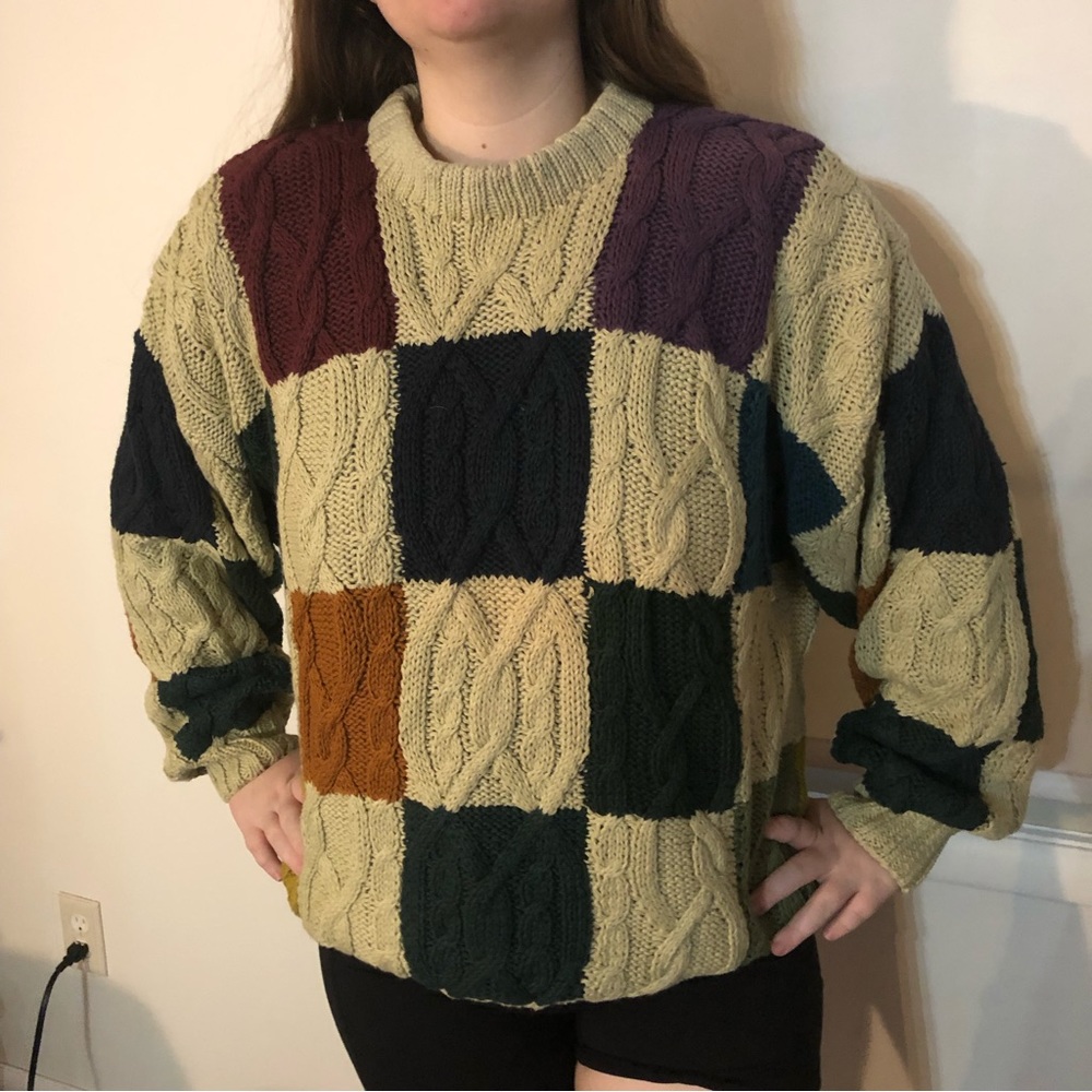 Vintage Patchwork Cable Knit Dad Oversized Sweater M